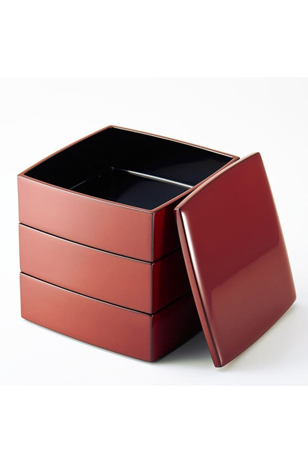 胴張三段重箱 古代朱内黒 6.5寸 木製 漆塗りお重箱